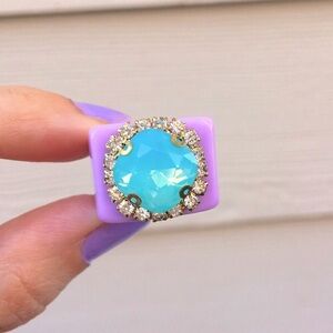 Lilac Lavender Purple+Pacific Green Opal Cushion Cut Crystal Halo Statement Ring